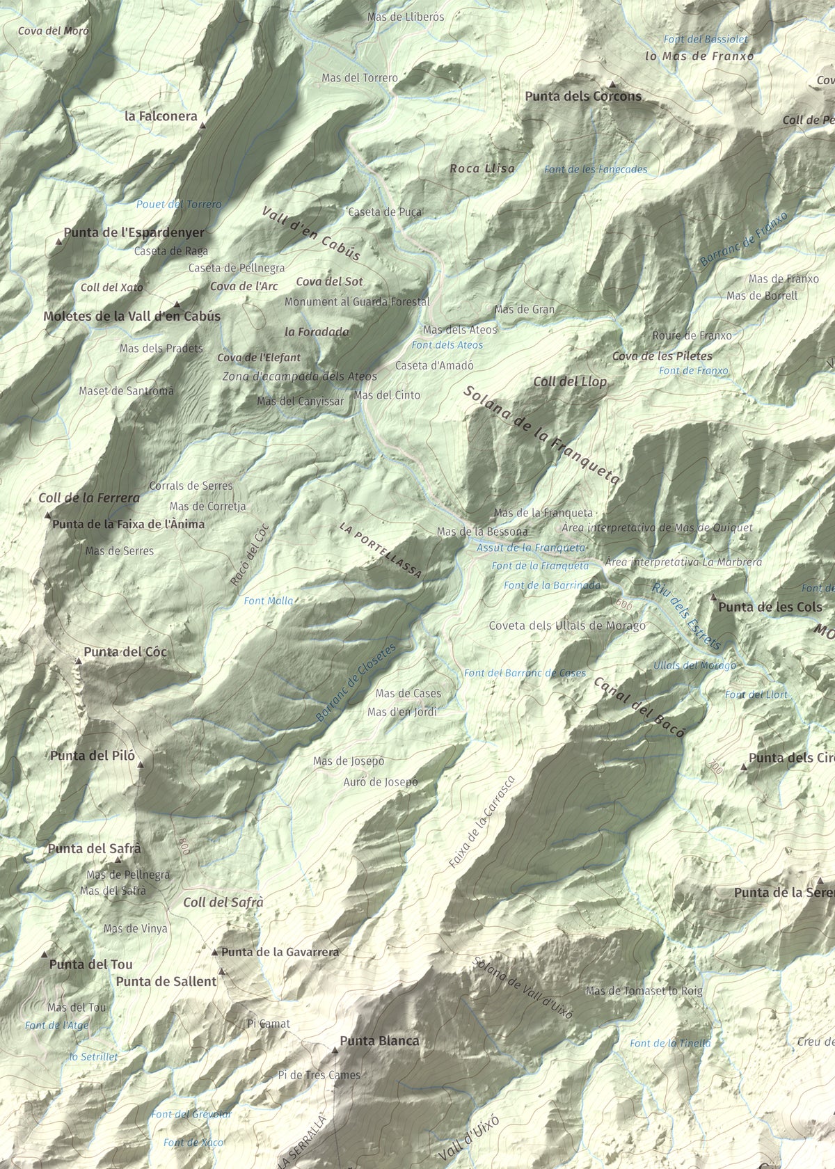 Mapa de relieve de Tosseta Rasa, 1217 m, Baix Ebre · Terra Alta, lámina 100 Cims de Trobart. Detalle de la zona superior izquierda. 50 × 70 cm.