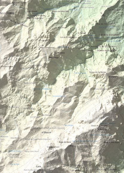 Mapa de relieve de Tosseta Rasa, 1217 m, Baix Ebre · Terra Alta, lámina 100 Cims de Trobart. Detalle de la zona inferior derecha. 50 × 70 cm.