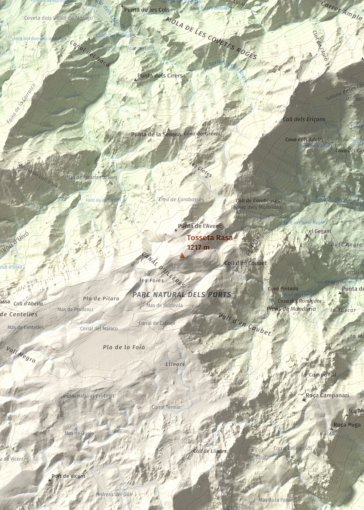 Mapa de relieve de Tosseta Rasa, 1217 m, Baix Ebre · Terra Alta, lámina 100 Cims de Trobart. Detalle de la zona central. 50 × 70 cm.