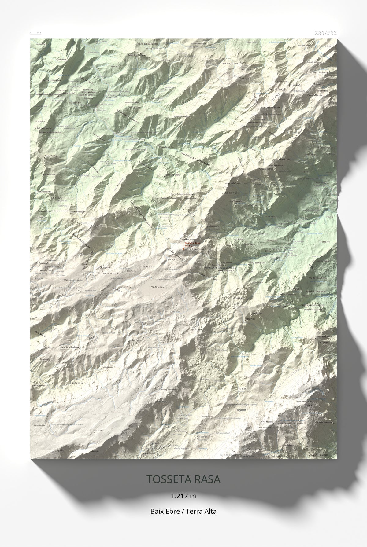 Mapa de relieve de Tosseta Rasa, 1217 m, Baix Ebre · Terra Alta, lámina 100 Cims de Trobart 61 × 91 cm.