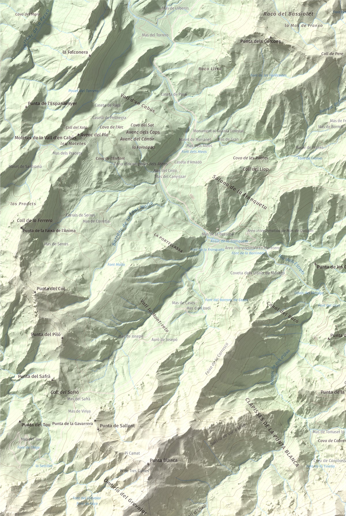 Mapa de relieve de Tosseta Rasa, 1217 m, Baix Ebre · Terra Alta, lámina 100 Cims de Trobart. Detalle de la zona superior izquierda. 61 × 91 cm.