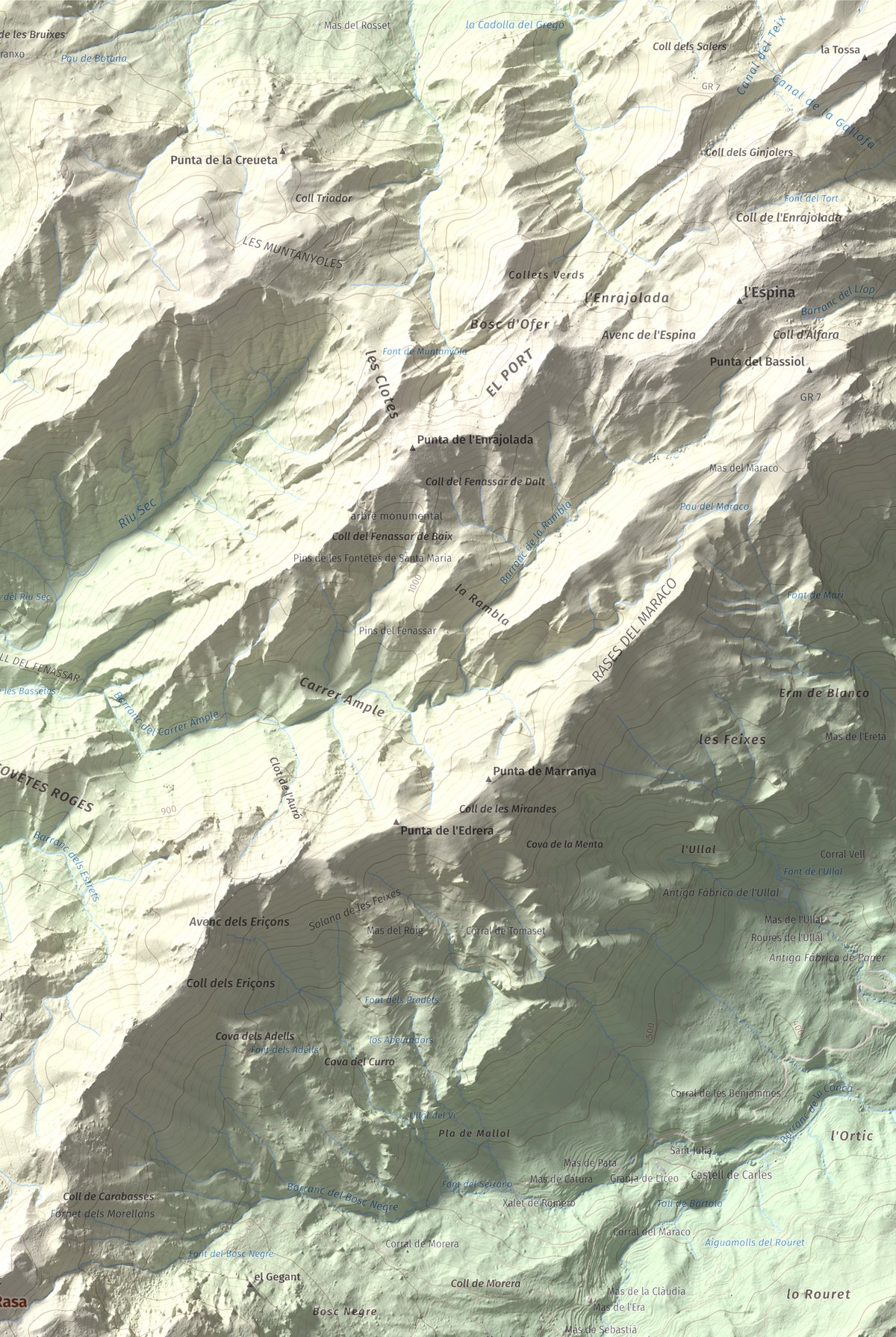 Mapa de relieve de Tosseta Rasa, 1217 m, Baix Ebre · Terra Alta, lámina 100 Cims de Trobart. Detalle de la zona superior derecha. 61 × 91 cm.