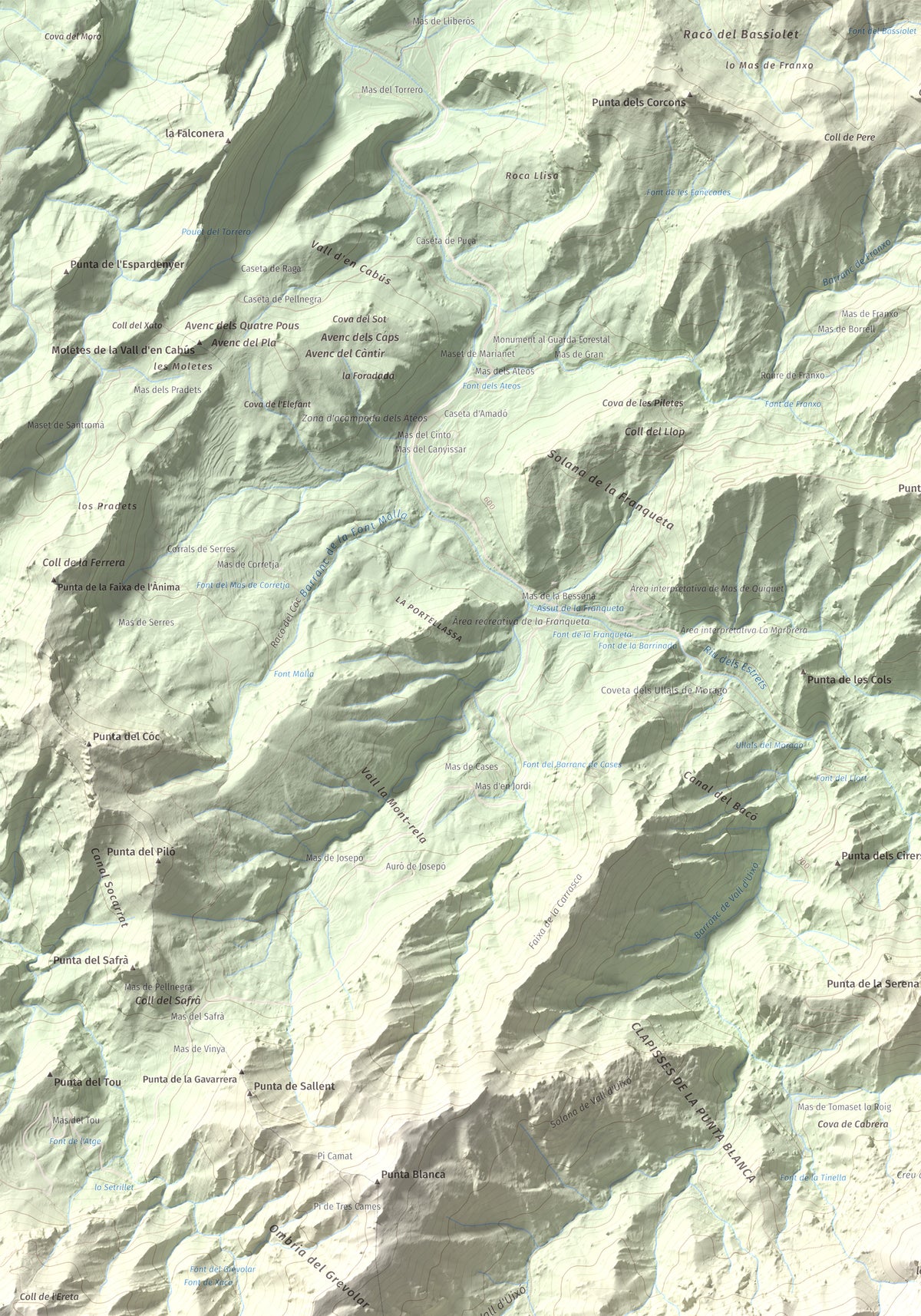 Mapa de relieve de Tosseta Rasa, 1217 m, Baix Ebre · Terra Alta, lámina 100 Cims de Trobart. Detalle de la zona superior izquierda. 70 × 100 cm.