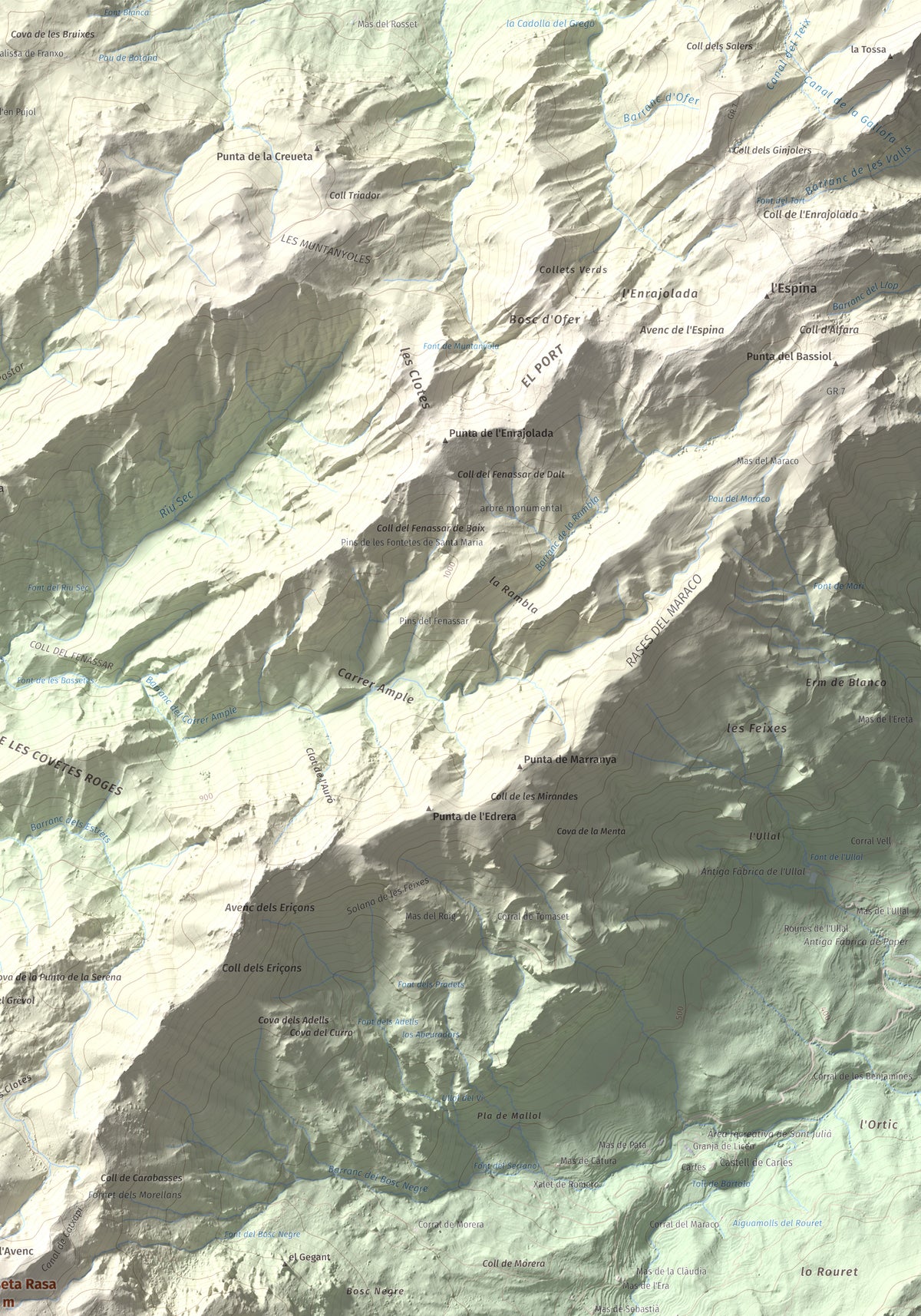 Mapa de relieve de Tosseta Rasa, 1217 m, Baix Ebre · Terra Alta, lámina 100 Cims de Trobart. Detalle de la zona superior derecha. 70 × 100 cm.