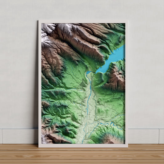 Mapa artístico del relieve de Tremp, al Pallars Jussà, con 15 km de entorno y base topográfica ICGC. Presentación enmarcada.