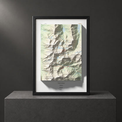 Mapa de relieve de Tristaina, 2878 m, Andorra, lámina 100 Cims de Trobart. Presentación enmarcada. 21 × 30 cm.