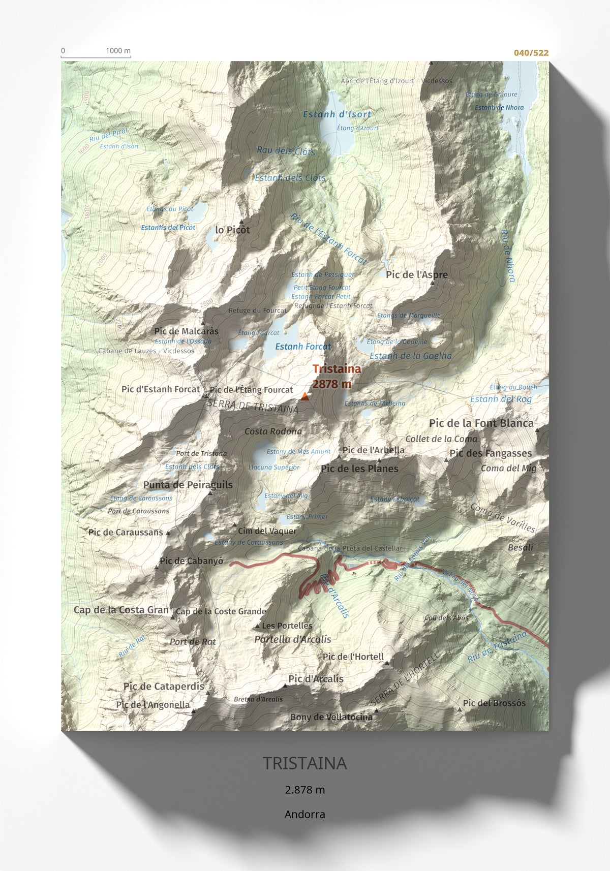 Mapa de relieve de Tristaina, 2878 m, Andorra, lámina 100 Cims de Trobart 21 × 30 cm.