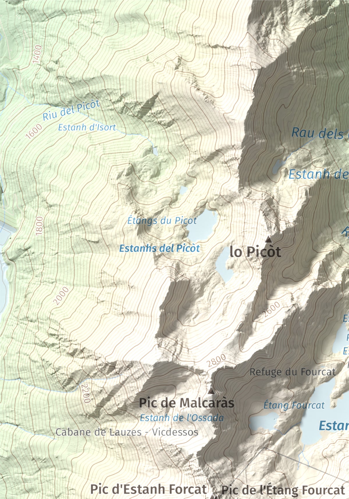 Mapa de relieve de Tristaina, 2878 m, Andorra, lámina 100 Cims de Trobart. Detalle de la zona superior izquierda. 21 × 30 cm.