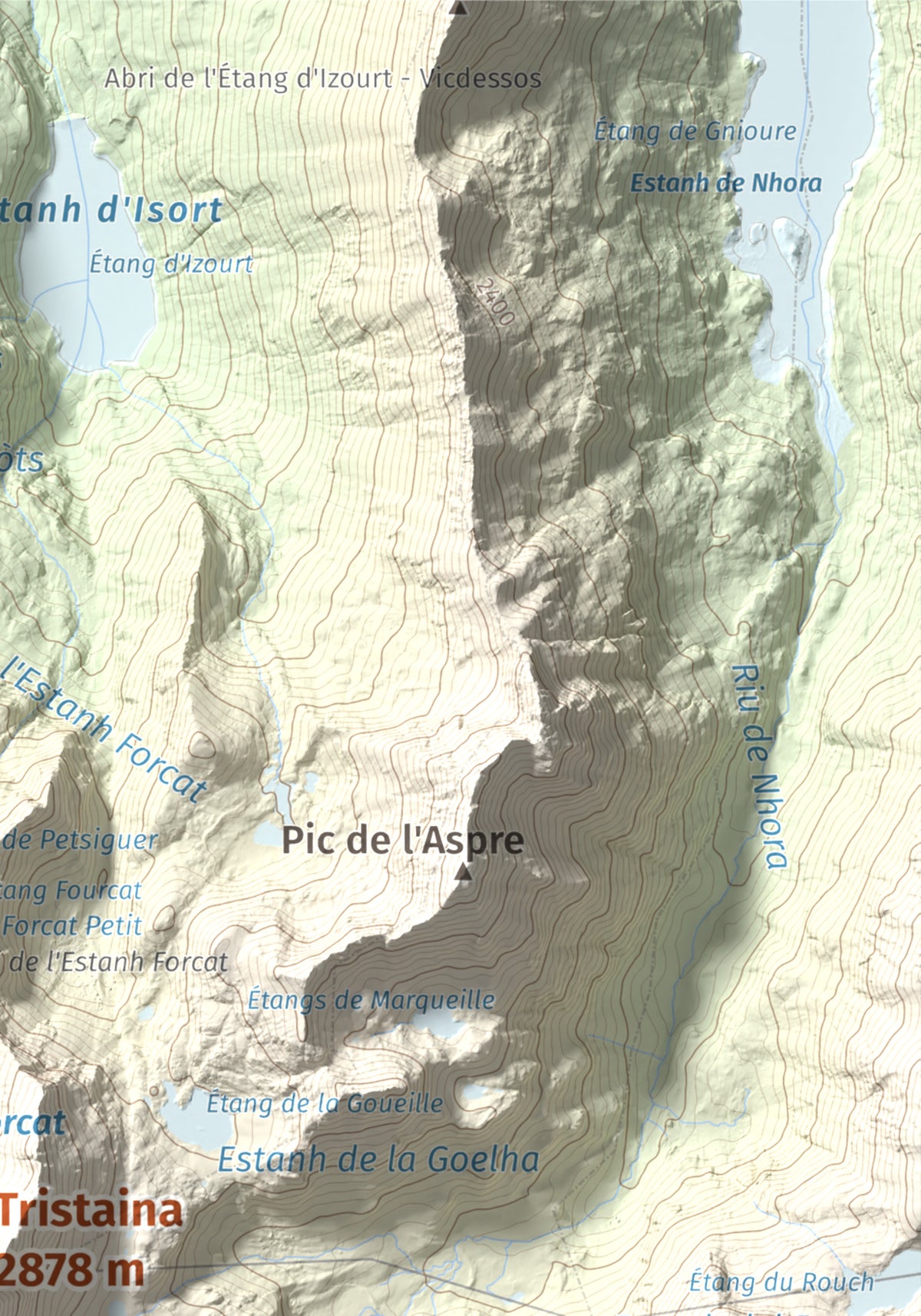 Mapa de relieve de Tristaina, 2878 m, Andorra, lámina 100 Cims de Trobart. Detalle de la zona superior derecha. 21 × 30 cm.