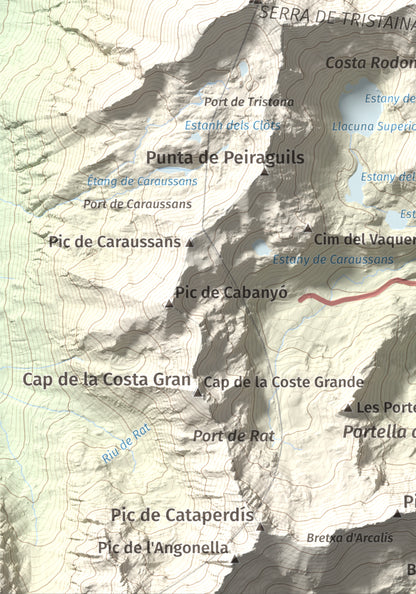 Mapa de relieve de Tristaina, 2878 m, Andorra, lámina 100 Cims de Trobart. Detalle de la zona inferior izquierda. 21 × 30 cm.