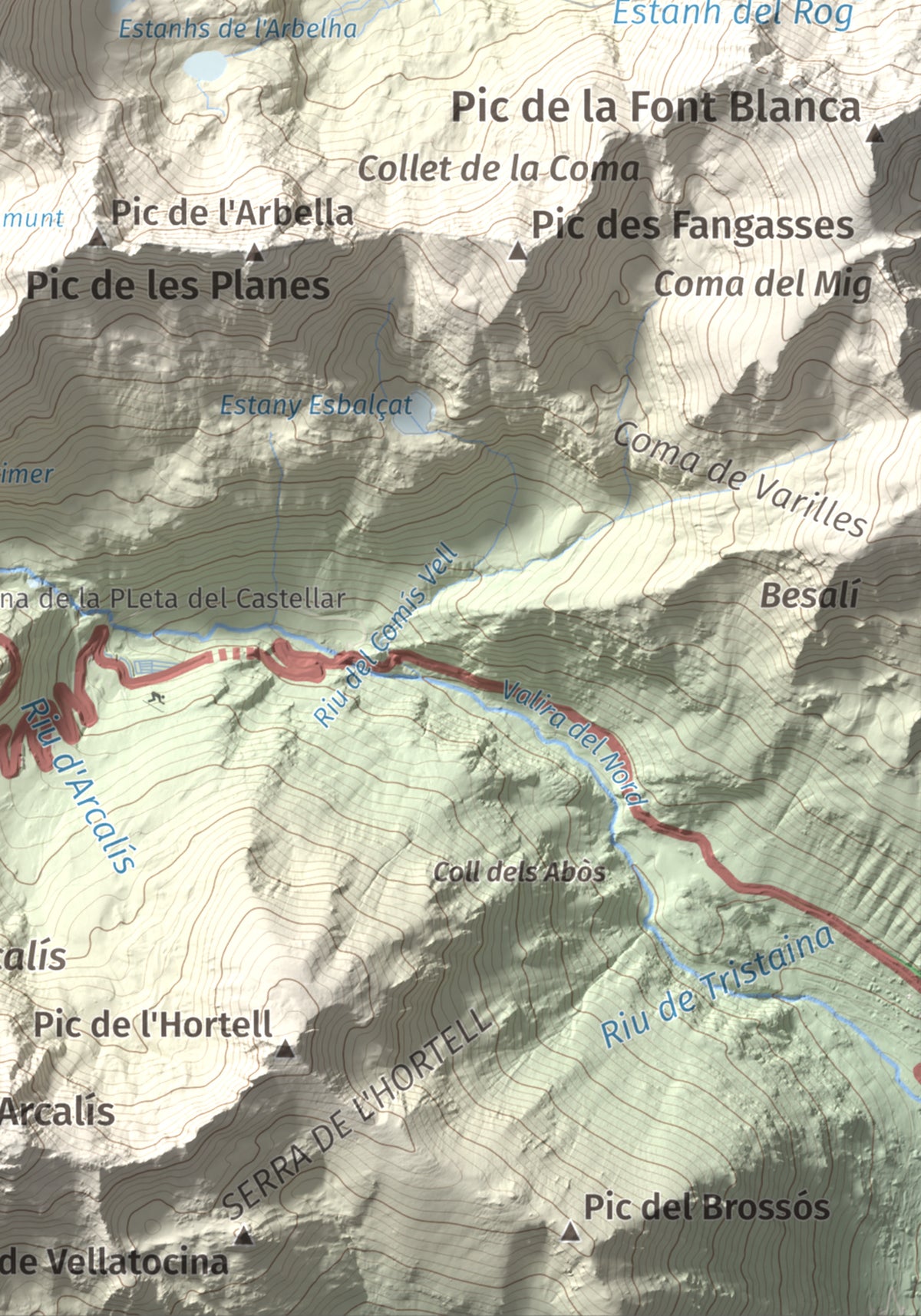Mapa de relieve de Tristaina, 2878 m, Andorra, lámina 100 Cims de Trobart. Detalle de la zona inferior derecha. 21 × 30 cm.