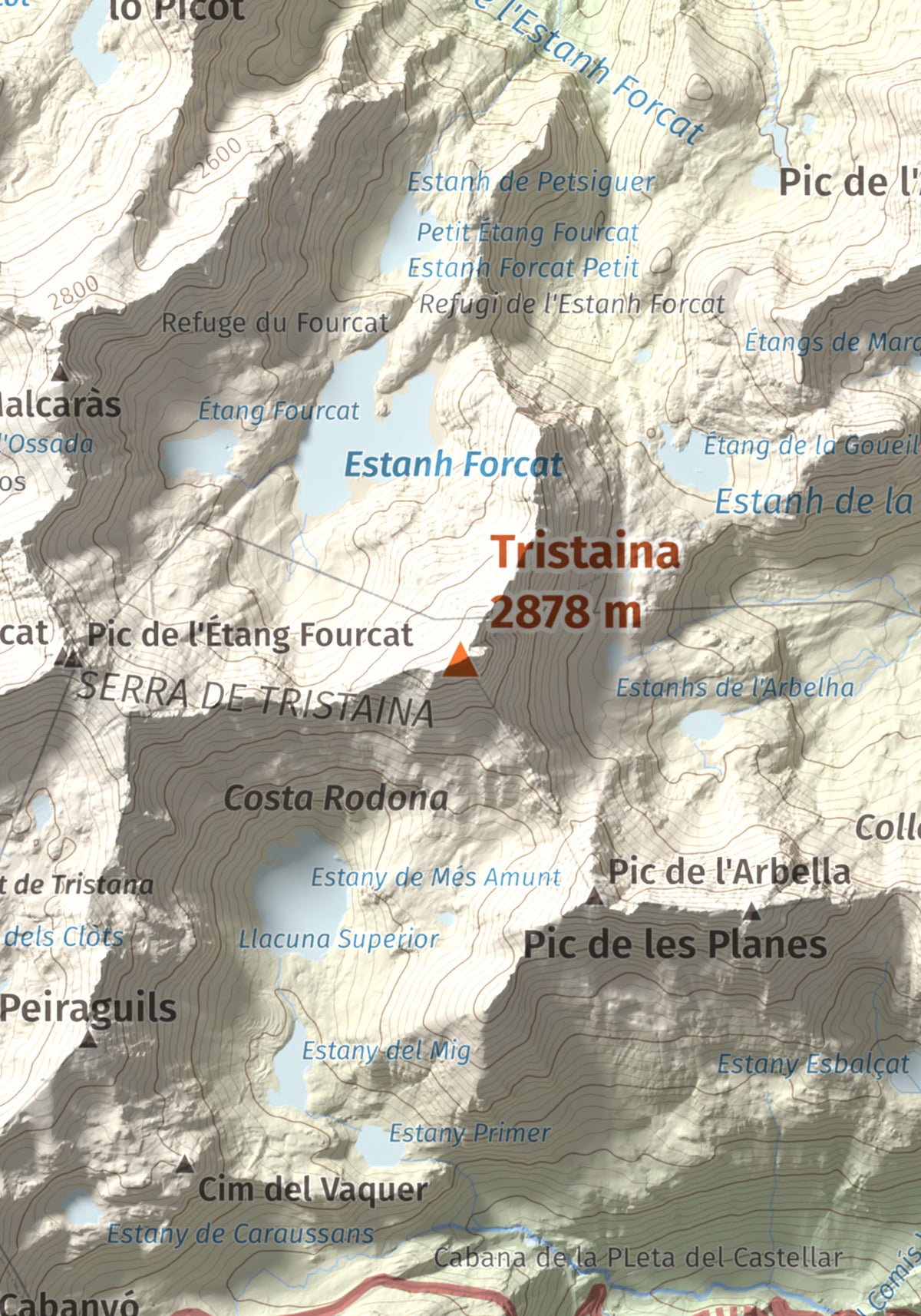 Mapa de relieve de Tristaina, 2878 m, Andorra, lámina 100 Cims de Trobart. Detalle de la zona central. 21 × 30 cm.