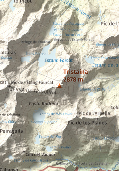 Mapa de relieve de Tristaina, 2878 m, Andorra, lámina 100 Cims de Trobart. Detalle de la zona central. 21 × 30 cm.