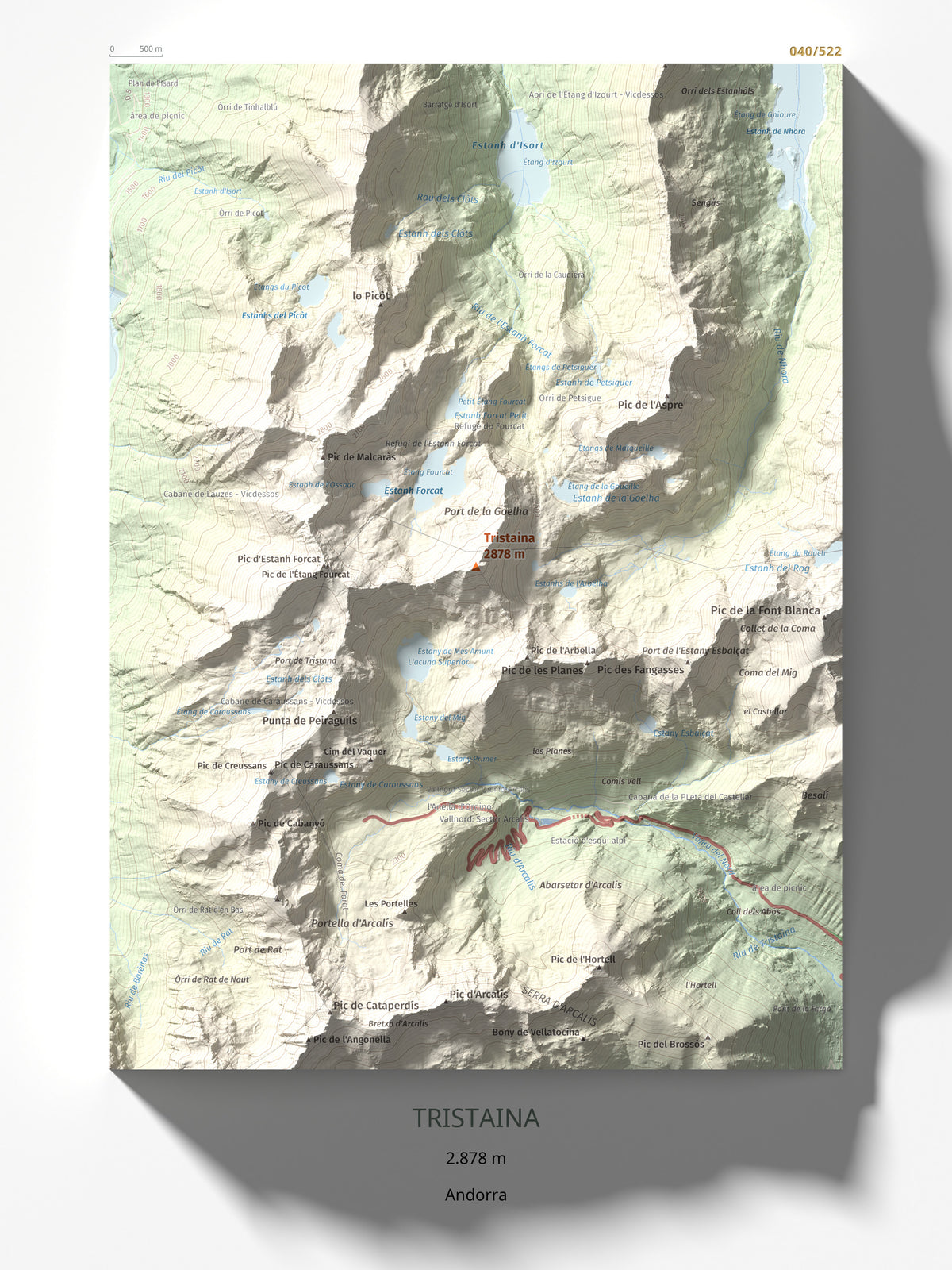 Mapa de relieve de Tristaina, 2878 m, Andorra, lámina 100 Cims de Trobart 30 × 40 cm.