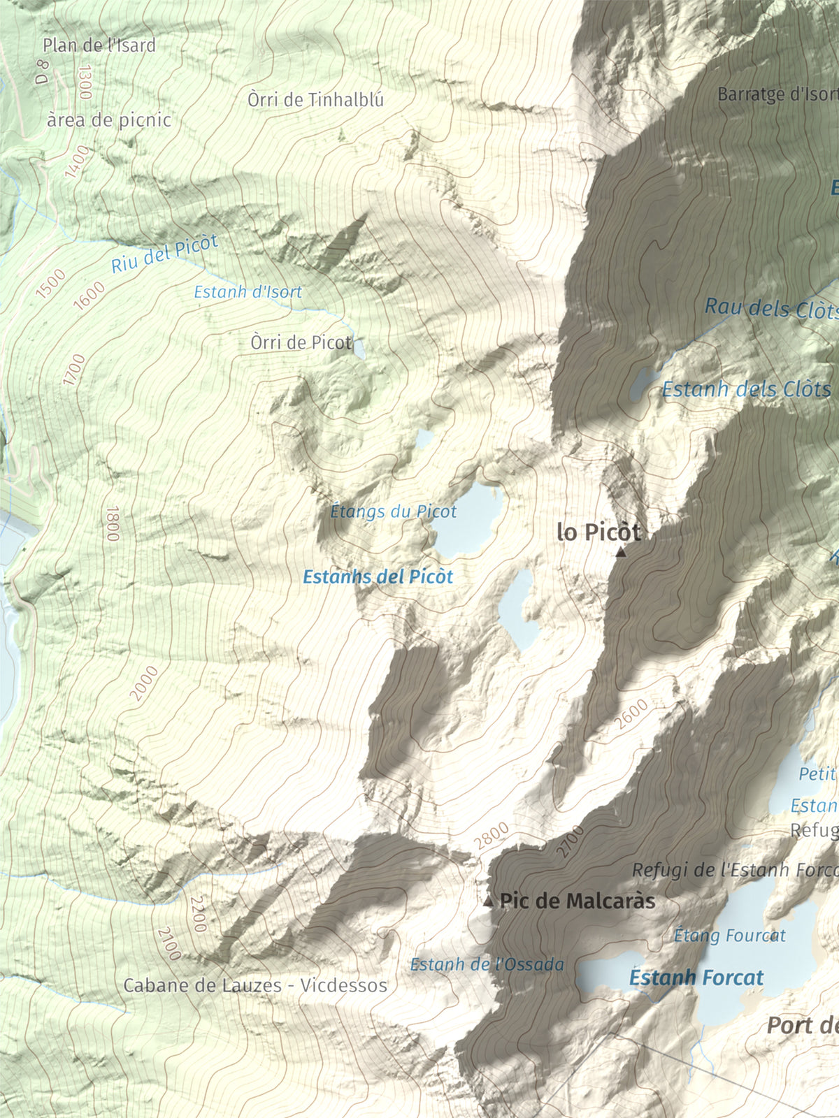 Mapa de relieve de Tristaina, 2878 m, Andorra, lámina 100 Cims de Trobart. Detalle de la zona superior izquierda. 30 × 40 cm.