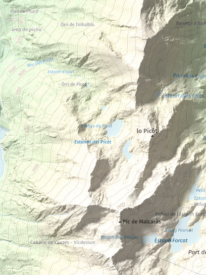 Mapa de relieve de Tristaina, 2878 m, Andorra, lámina 100 Cims de Trobart. Detalle de la zona superior izquierda. 30 × 40 cm.