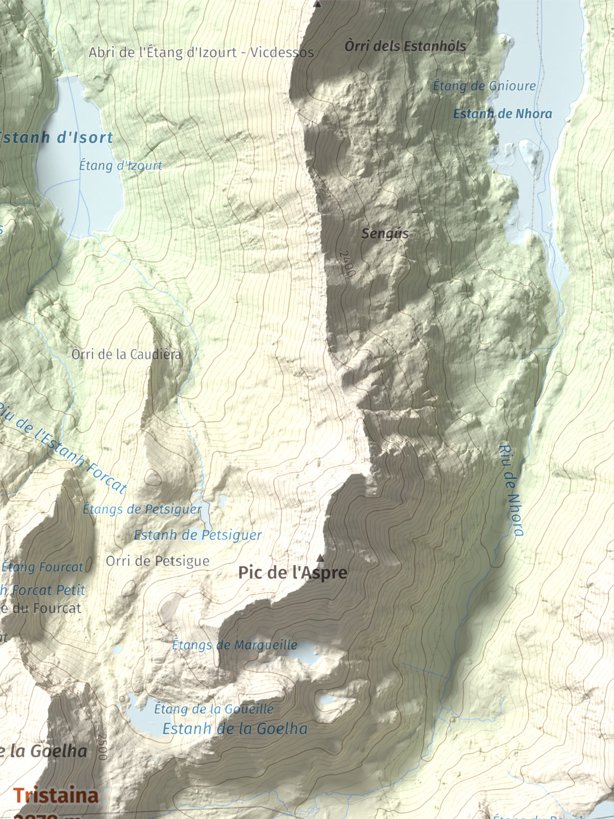 Mapa de relieve de Tristaina, 2878 m, Andorra, lámina 100 Cims de Trobart. Detalle de la zona superior derecha. 30 × 40 cm.
