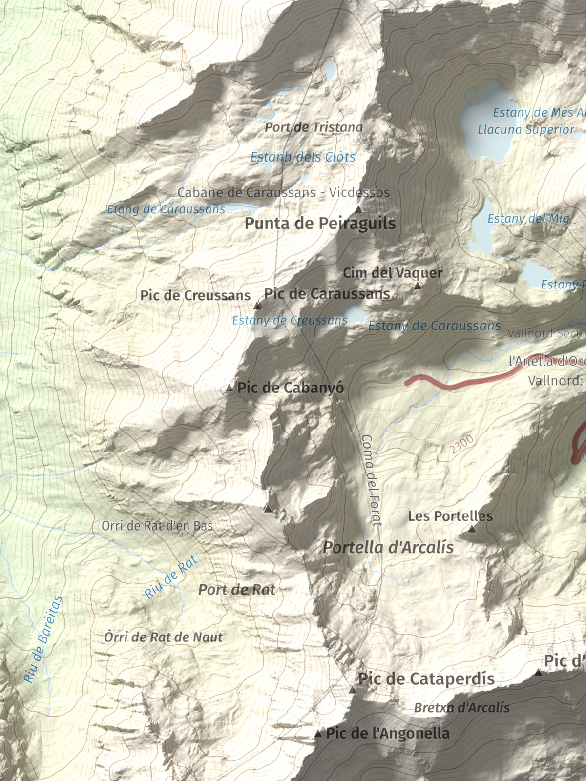 Mapa de relieve de Tristaina, 2878 m, Andorra, lámina 100 Cims de Trobart. Detalle de la zona inferior izquierda. 30 × 40 cm.