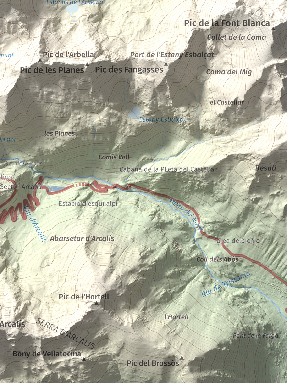 Mapa de relieve de Tristaina, 2878 m, Andorra, lámina 100 Cims de Trobart. Detalle de la zona inferior derecha. 30 × 40 cm.