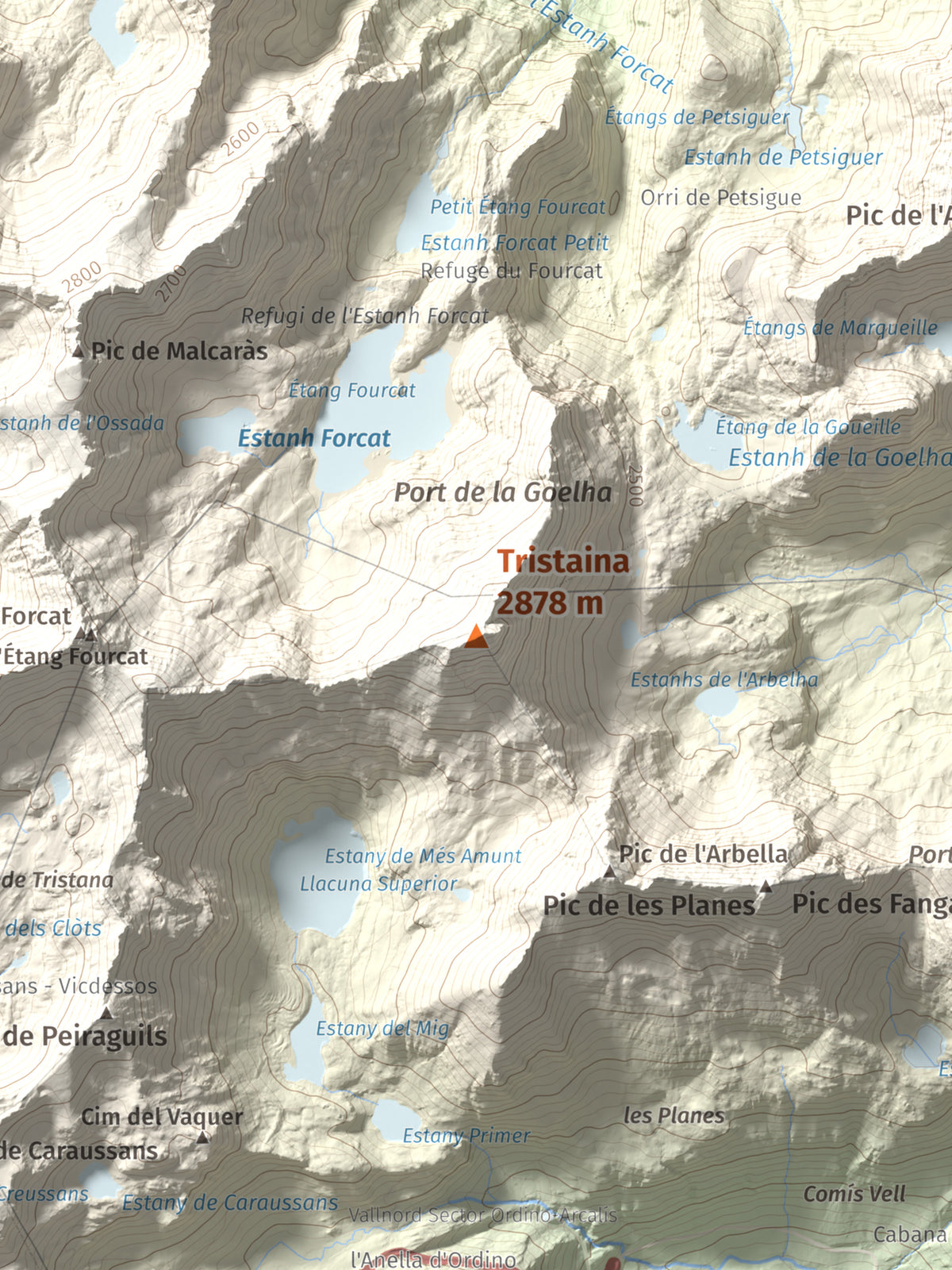 Mapa de relieve de Tristaina, 2878 m, Andorra, lámina 100 Cims de Trobart. Detalle de la zona central. 30 × 40 cm.