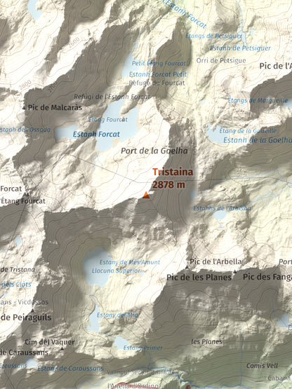 Mapa de relieve de Tristaina, 2878 m, Andorra, lámina 100 Cims de Trobart. Detalle de la zona central. 30 × 40 cm.