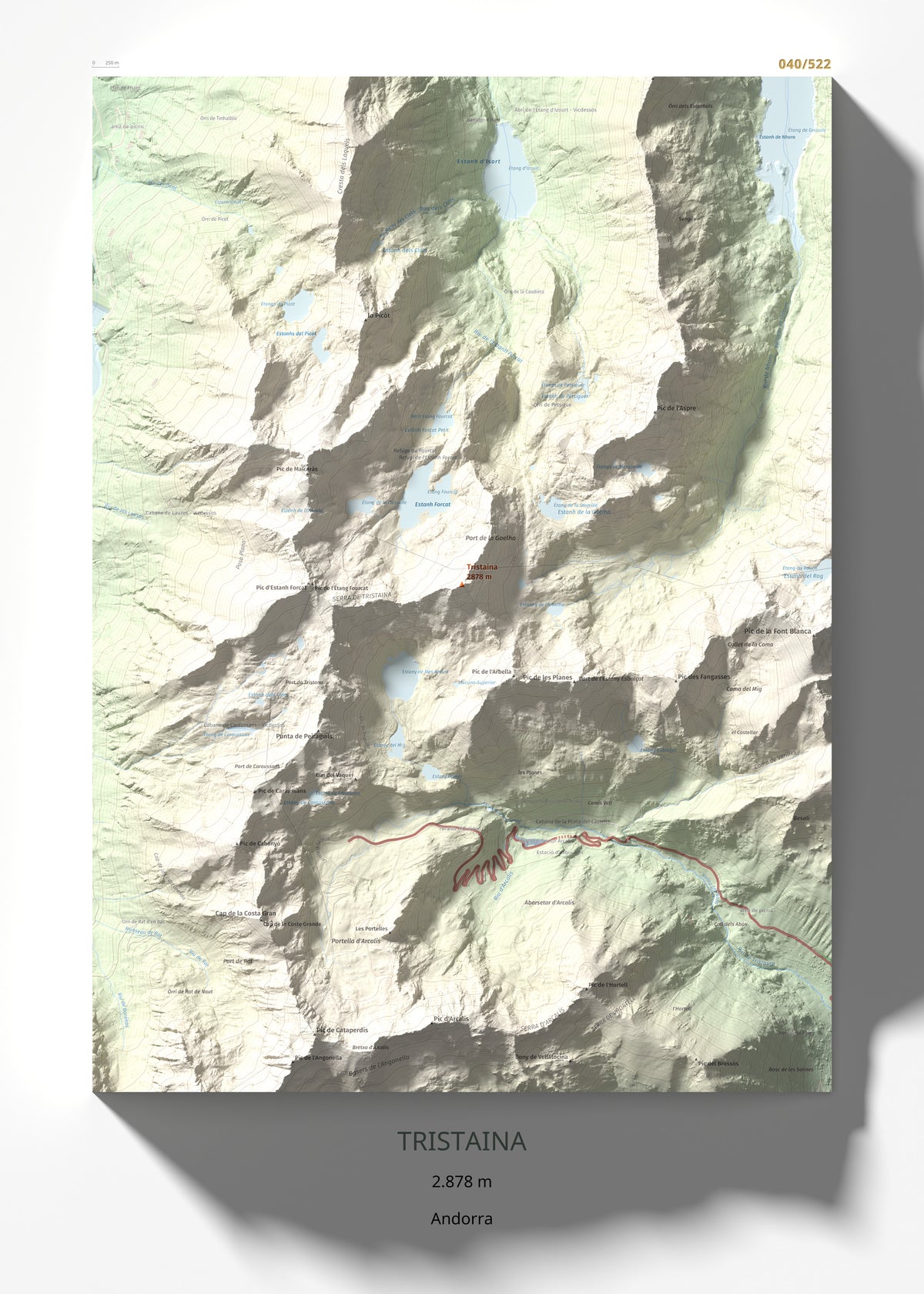 Mapa de relieve de Tristaina, 2878 m, Andorra, lámina 100 Cims de Trobart 50 × 70 cm.