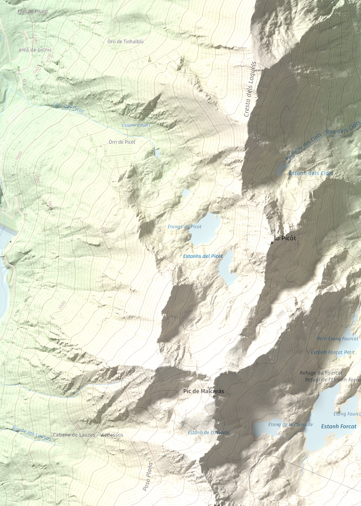 Mapa de relieve de Tristaina, 2878 m, Andorra, lámina 100 Cims de Trobart. Detalle de la zona superior izquierda. 50 × 70 cm.
