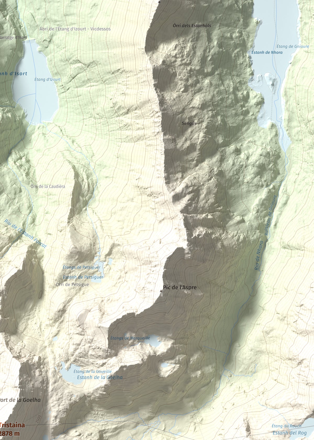 Mapa de relieve de Tristaina, 2878 m, Andorra, lámina 100 Cims de Trobart. Detalle de la zona superior derecha. 50 × 70 cm.