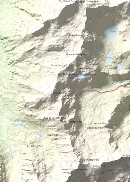 Mapa de relieve de Tristaina, 2878 m, Andorra, lámina 100 Cims de Trobart. Detalle de la zona inferior izquierda. 50 × 70 cm.