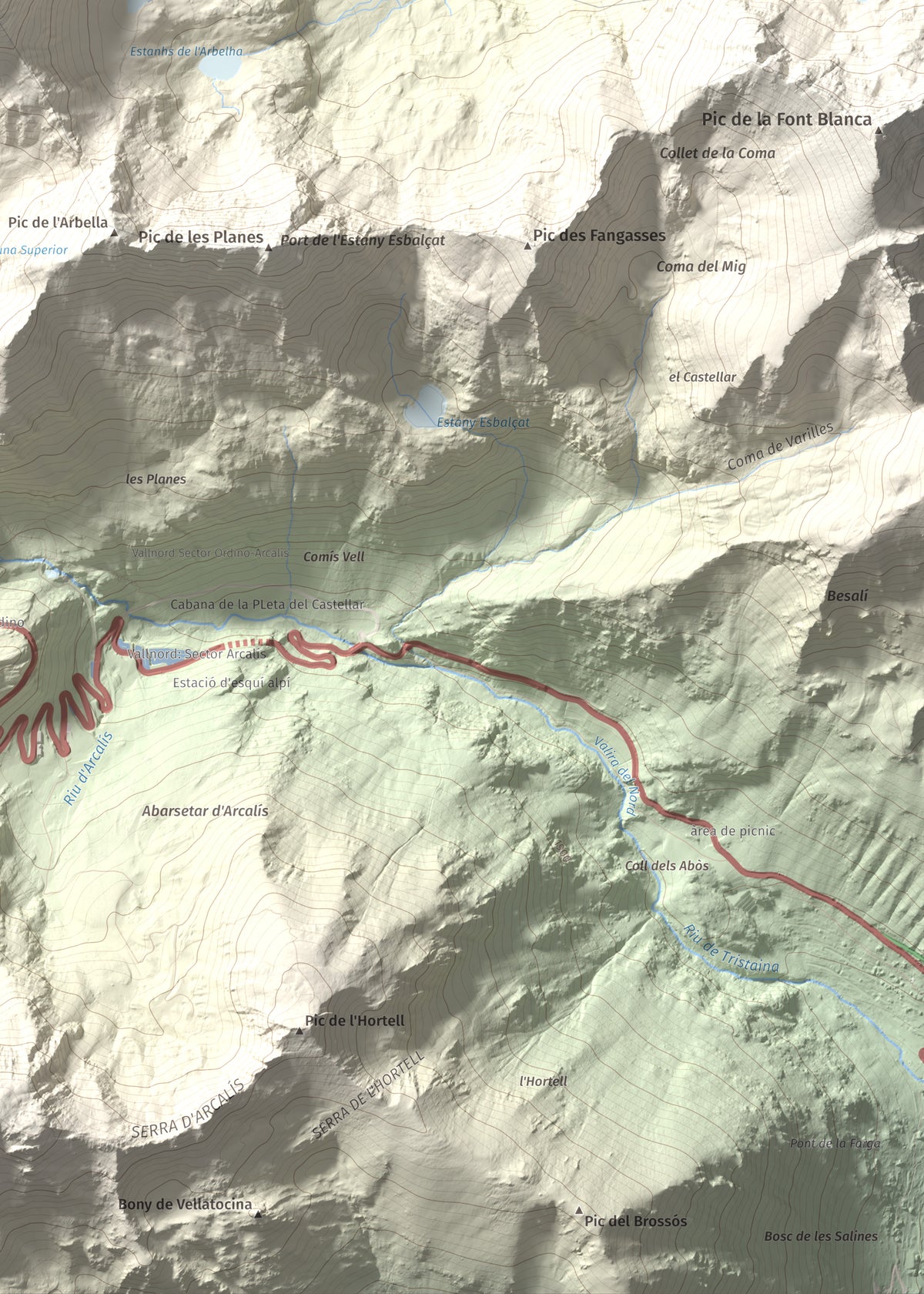 Mapa de relieve de Tristaina, 2878 m, Andorra, lámina 100 Cims de Trobart. Detalle de la zona inferior derecha. 50 × 70 cm.