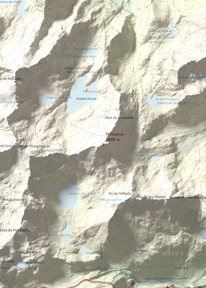 Mapa de relieve de Tristaina, 2878 m, Andorra, lámina 100 Cims de Trobart. Detalle de la zona central. 50 × 70 cm.