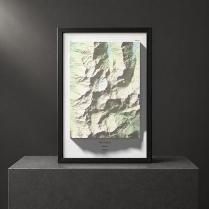 Mapa de relieve de Tristaina, 2878 m, Andorra, lámina 100 Cims de Trobart. Presentación enmarcada. 61 × 91 cm.