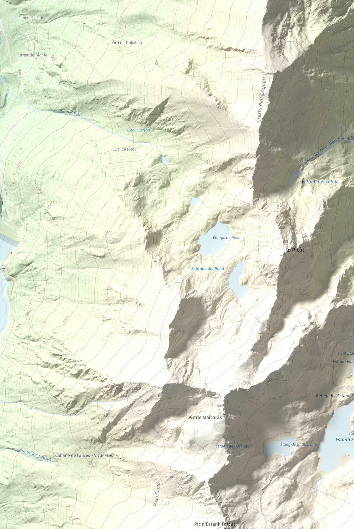 Mapa de relieve de Tristaina, 2878 m, Andorra, lámina 100 Cims de Trobart. Detalle de la zona superior izquierda. 61 × 91 cm.