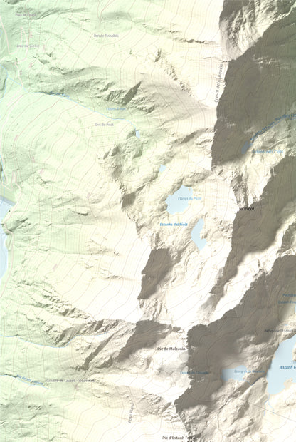 Mapa de relieve de Tristaina, 2878 m, Andorra, lámina 100 Cims de Trobart. Detalle de la zona superior izquierda. 61 × 91 cm.