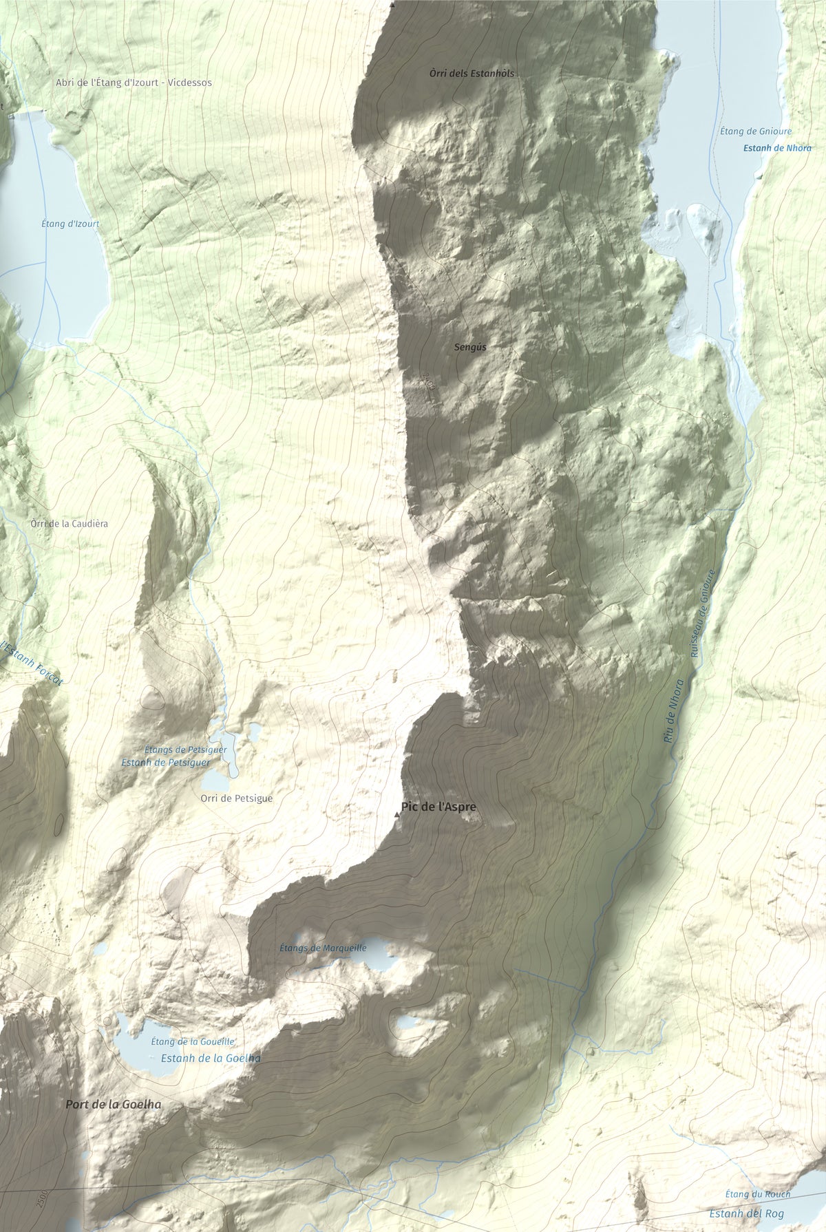 Mapa de relieve de Tristaina, 2878 m, Andorra, lámina 100 Cims de Trobart. Detalle de la zona superior derecha. 61 × 91 cm.