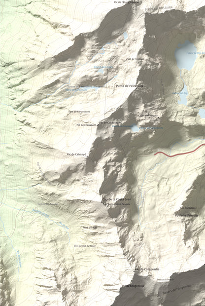Mapa de relieve de Tristaina, 2878 m, Andorra, lámina 100 Cims de Trobart. Detalle de la zona inferior izquierda. 61 × 91 cm.