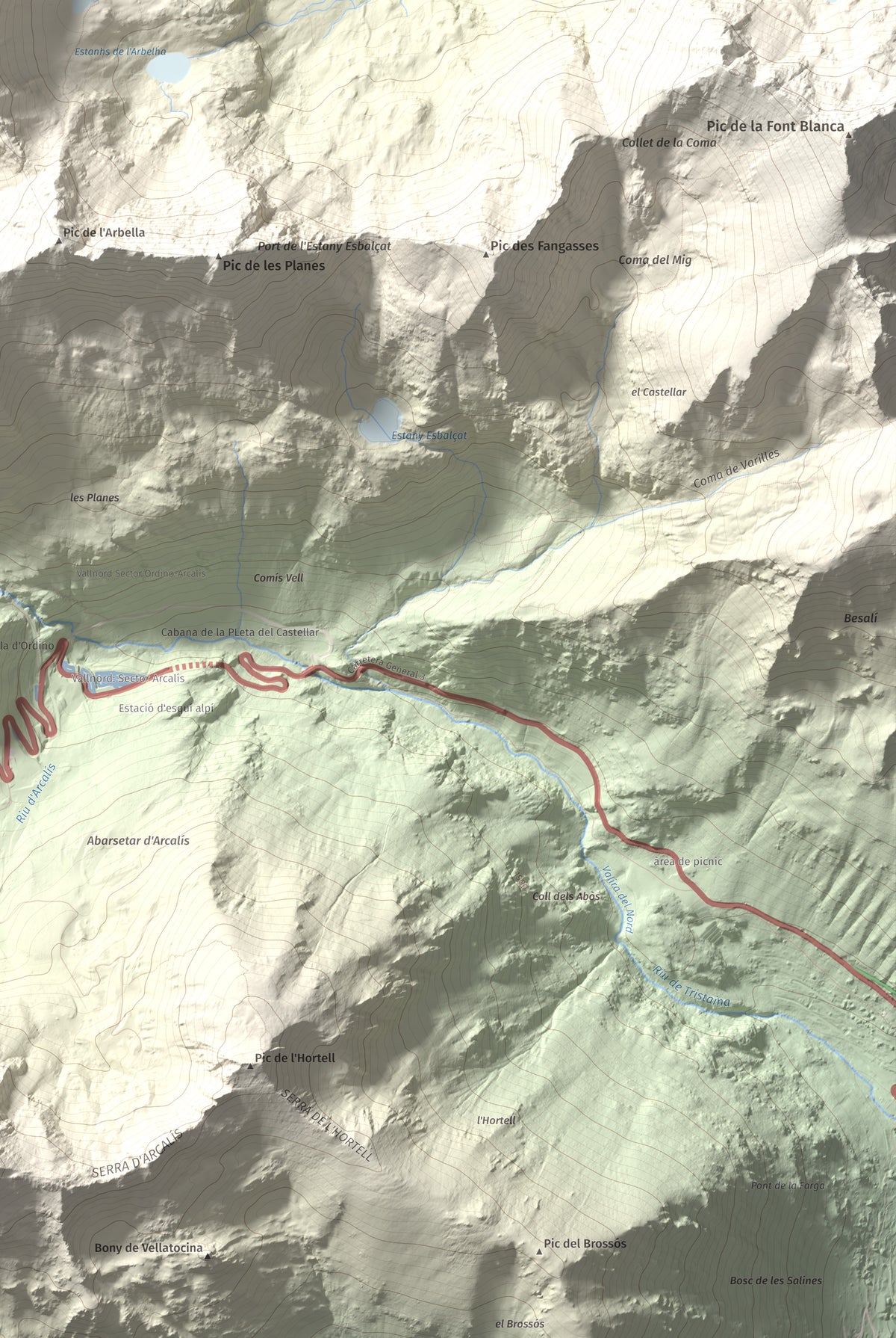 Mapa de relieve de Tristaina, 2878 m, Andorra, lámina 100 Cims de Trobart. Detalle de la zona inferior derecha. 61 × 91 cm.