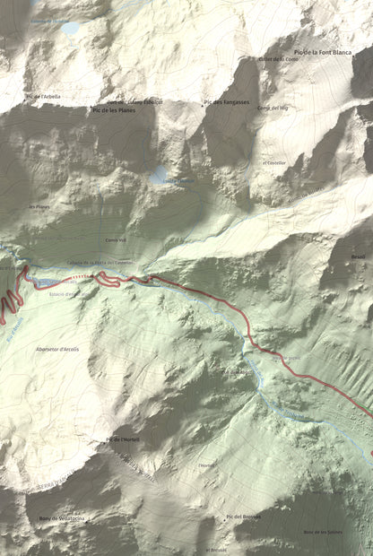 Mapa de relieve de Tristaina, 2878 m, Andorra, lámina 100 Cims de Trobart. Detalle de la zona inferior derecha. 61 × 91 cm.