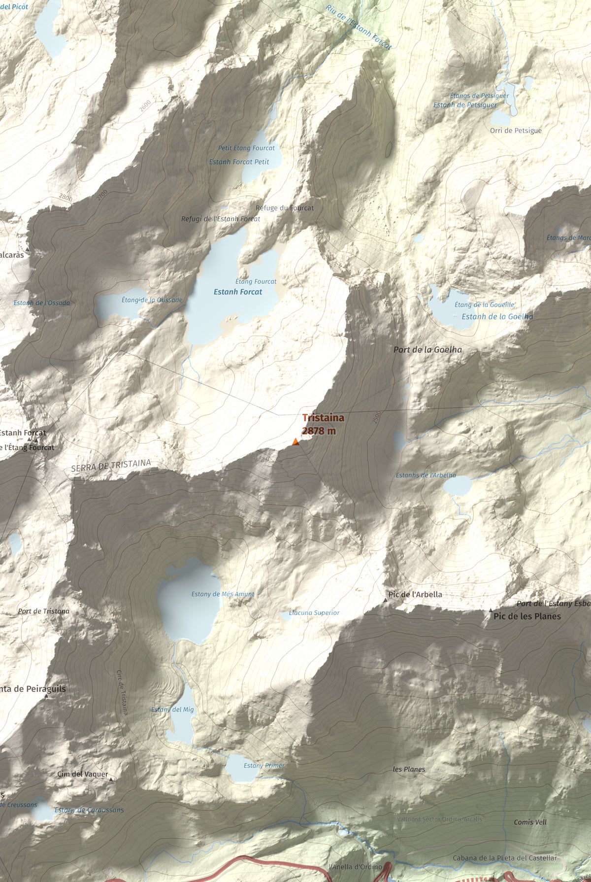 Mapa de relieve de Tristaina, 2878 m, Andorra, lámina 100 Cims de Trobart. Detalle de la zona central. 61 × 91 cm.