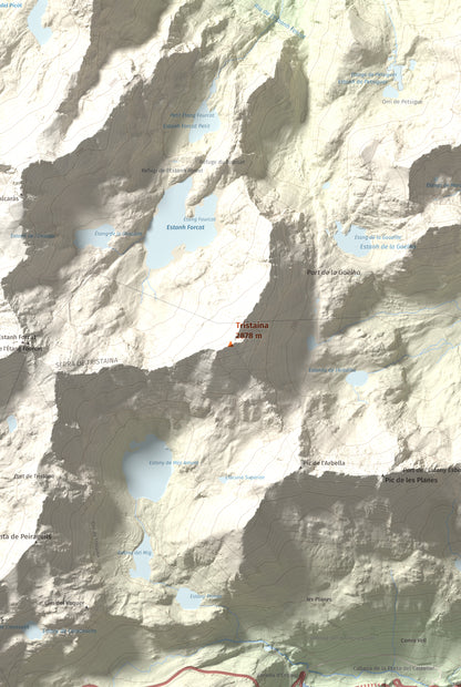 Mapa de relieve de Tristaina, 2878 m, Andorra, lámina 100 Cims de Trobart. Detalle de la zona central. 61 × 91 cm.