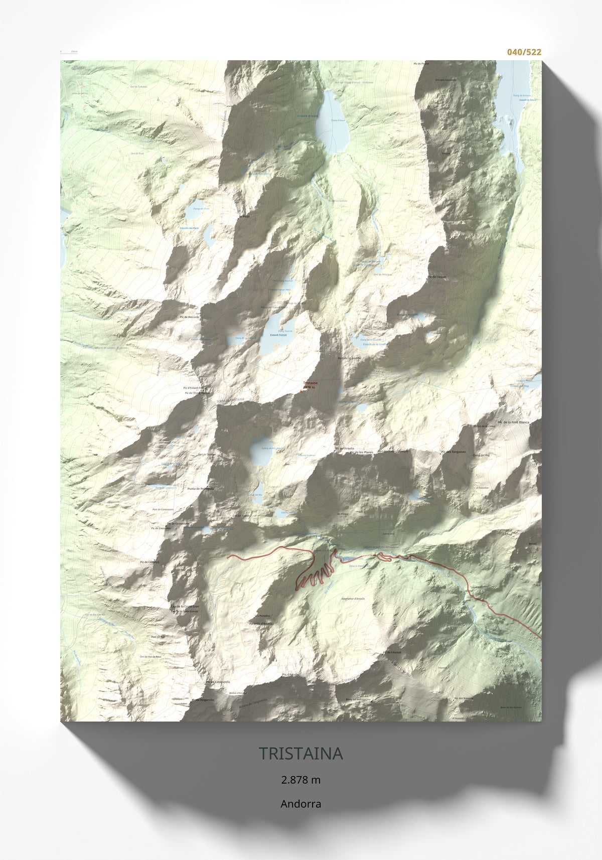 Mapa de relieve de Tristaina, 2878 m, Andorra, lámina 100 Cims de Trobart 70 × 100 cm.