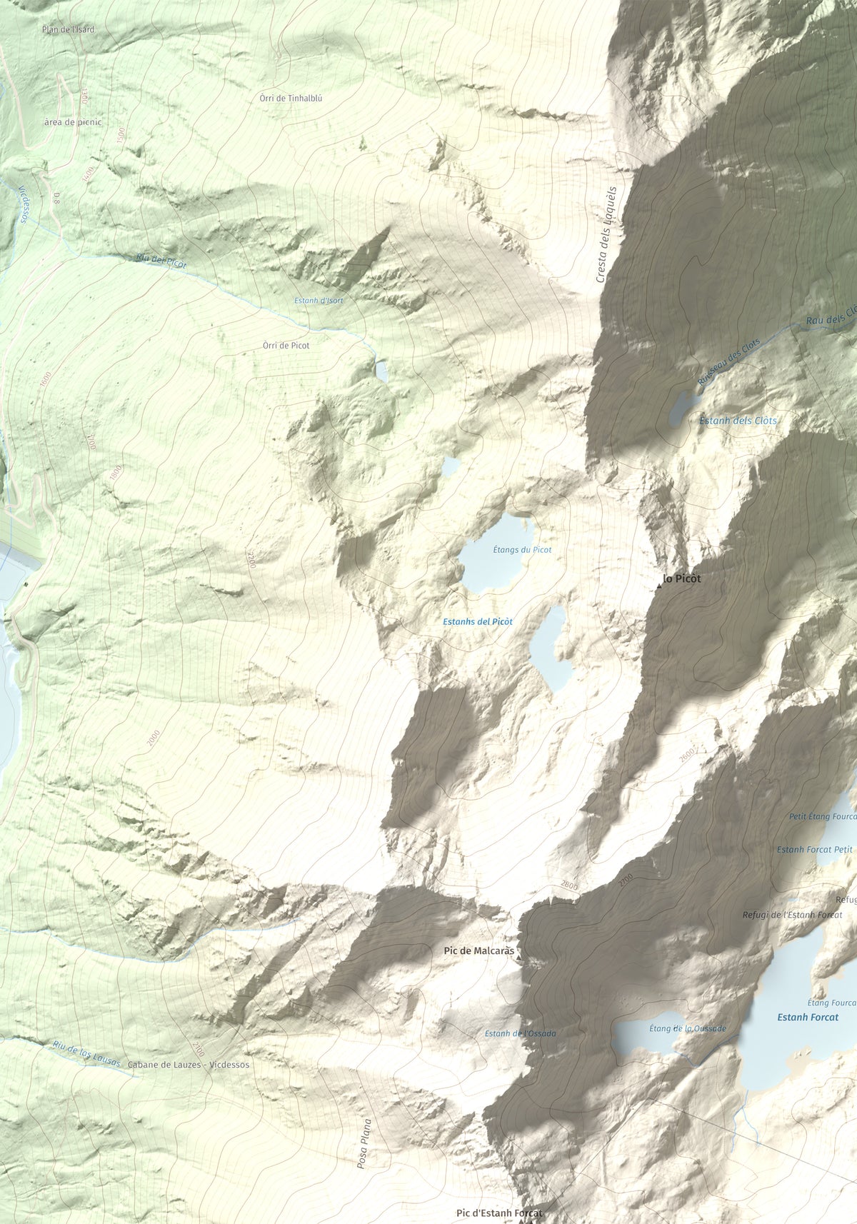 Mapa de relieve de Tristaina, 2878 m, Andorra, lámina 100 Cims de Trobart. Detalle de la zona superior izquierda. 70 × 100 cm.
