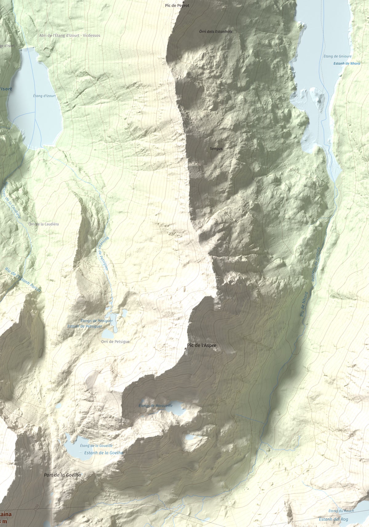 Mapa de relieve de Tristaina, 2878 m, Andorra, lámina 100 Cims de Trobart. Detalle de la zona superior derecha. 70 × 100 cm.