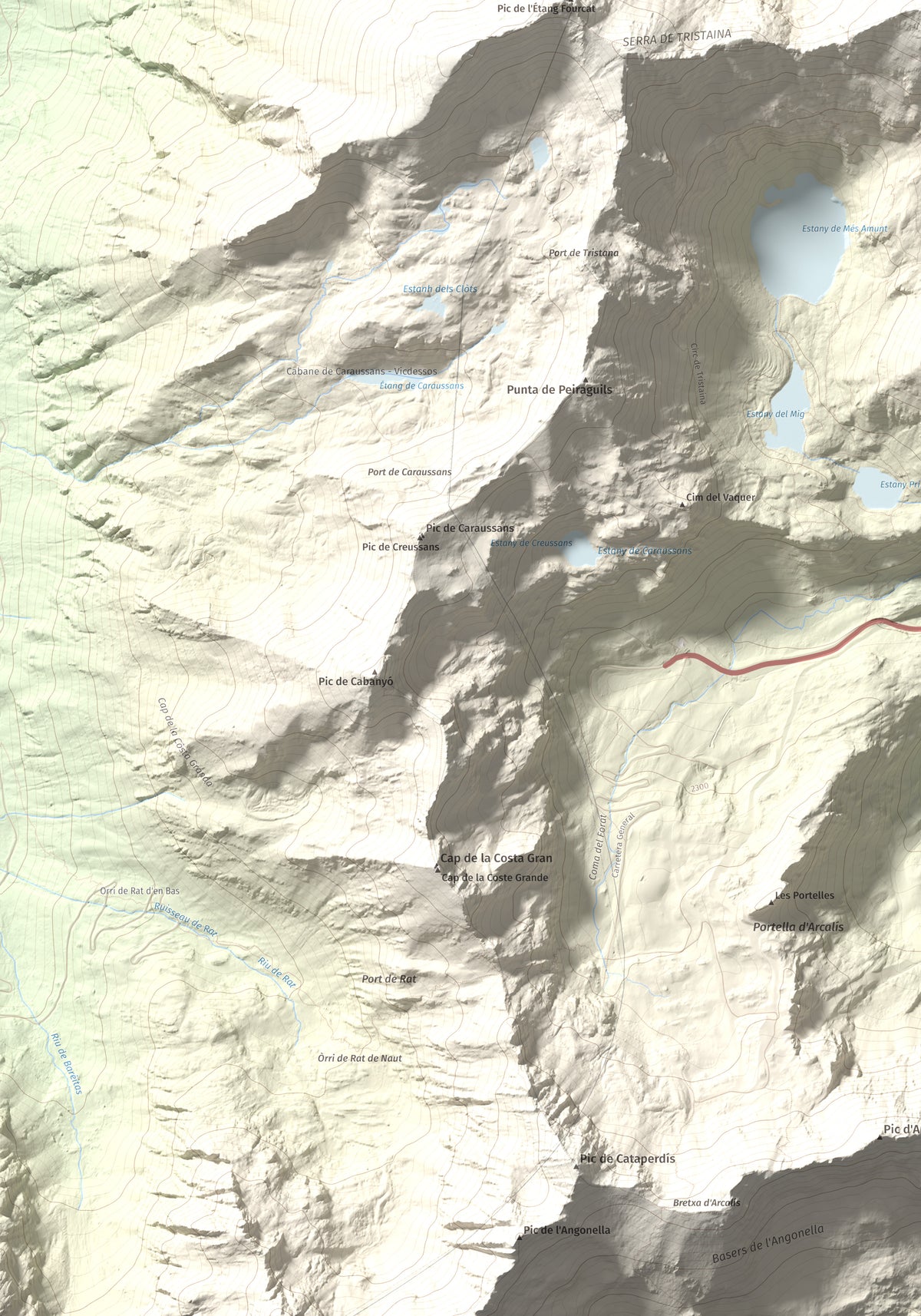 Mapa de relieve de Tristaina, 2878 m, Andorra, lámina 100 Cims de Trobart. Detalle de la zona inferior izquierda. 70 × 100 cm.