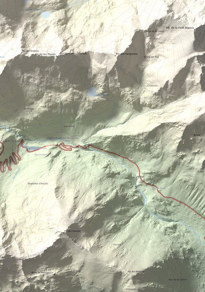 Mapa de relieve de Tristaina, 2878 m, Andorra, lámina 100 Cims de Trobart. Detalle de la zona inferior derecha. 70 × 100 cm.