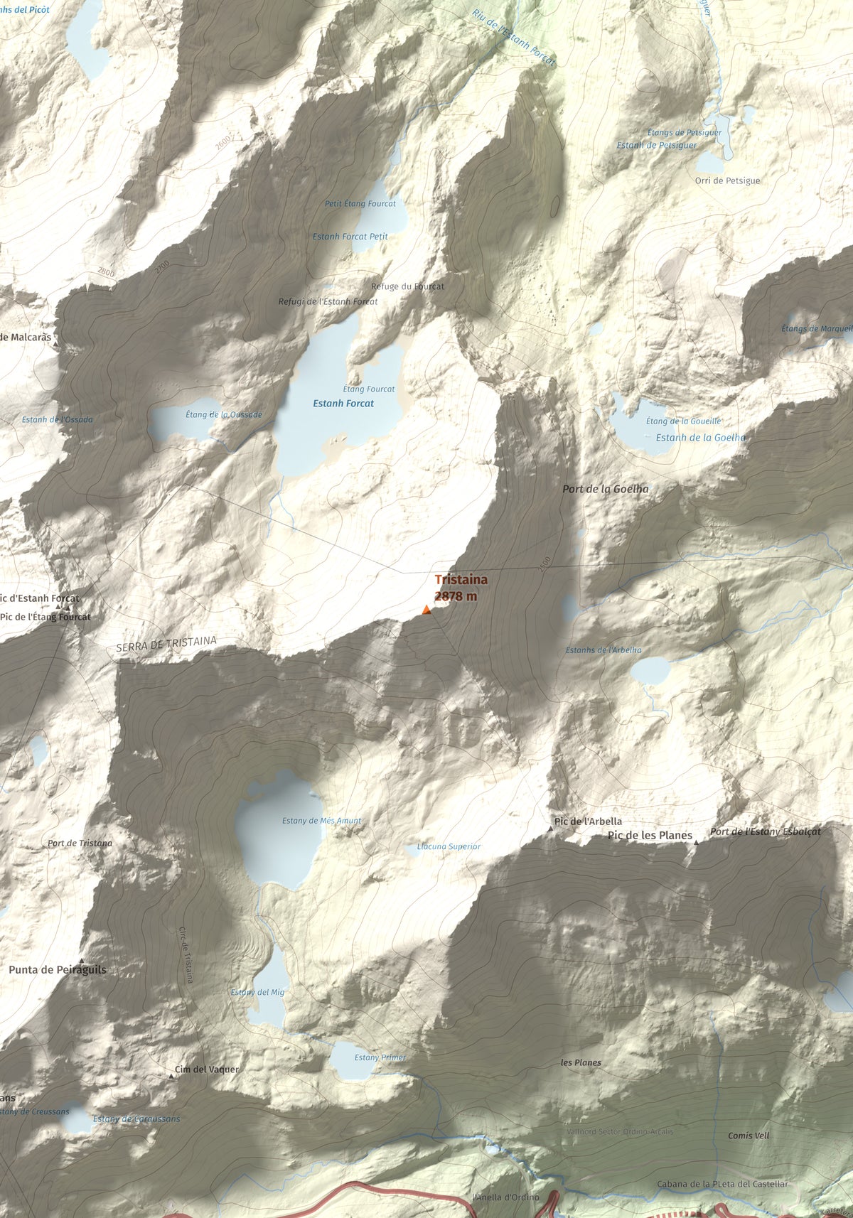 Mapa de relieve de Tristaina, 2878 m, Andorra, lámina 100 Cims de Trobart. Detalle de la zona central. 70 × 100 cm.