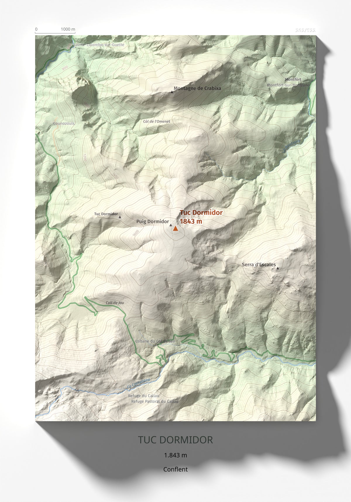 Mapa de relieve de Tuc Dormidor, 1843 m, Conflent, lámina 100 Cims de Trobart 21 × 30 cm.