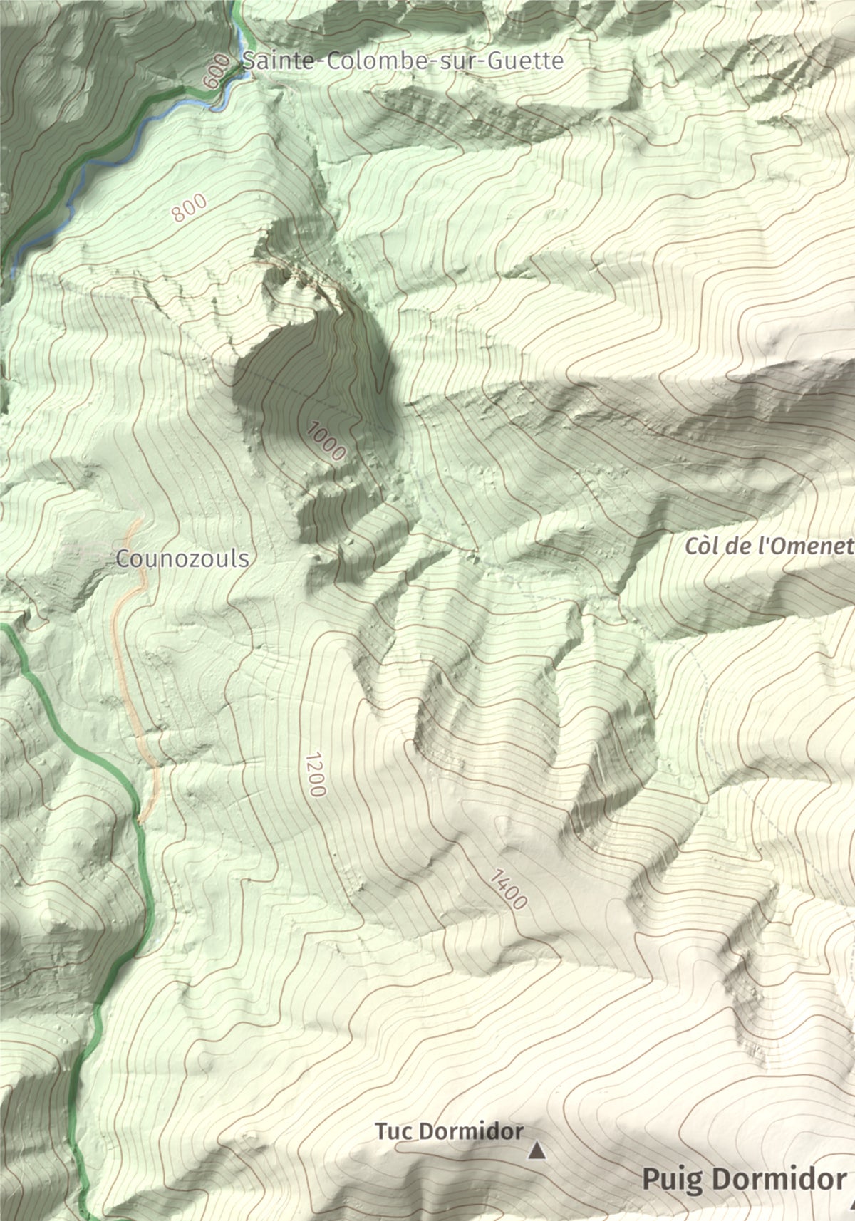 Mapa de relieve de Tuc Dormidor, 1843 m, Conflent, lámina 100 Cims de Trobart. Detalle de la zona superior izquierda. 21 × 30 cm.