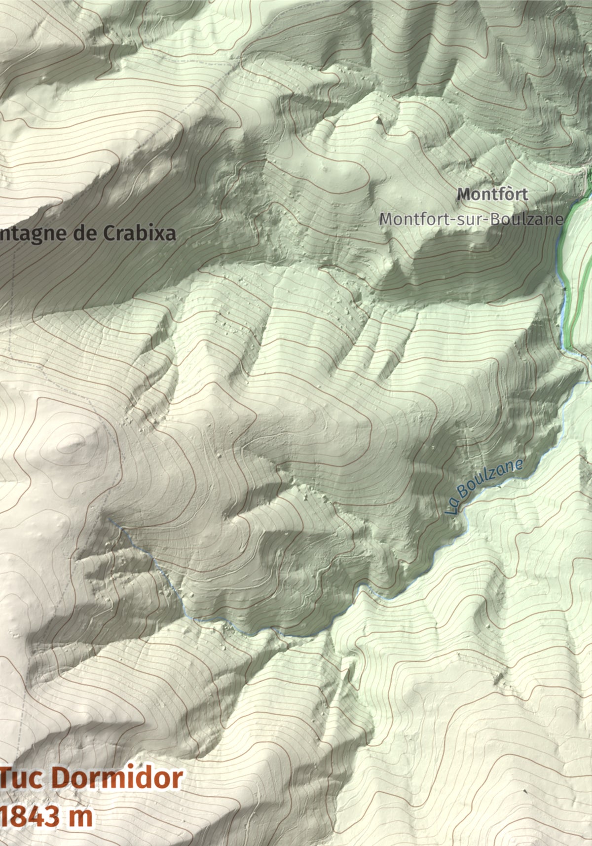 Mapa de relieve de Tuc Dormidor, 1843 m, Conflent, lámina 100 Cims de Trobart. Detalle de la zona superior derecha. 21 × 30 cm.