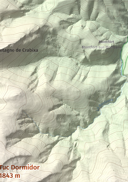 Mapa de relieve de Tuc Dormidor, 1843 m, Conflent, lámina 100 Cims de Trobart. Detalle de la zona superior derecha. 21 × 30 cm.